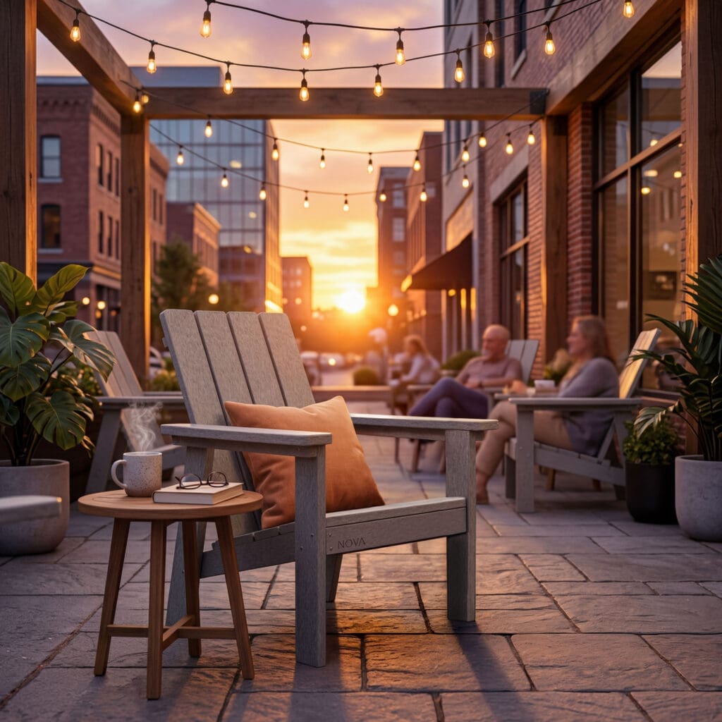 NOVA Adirondack chair buyer's guide 2026. Downtown Setting. People enjoying seating.