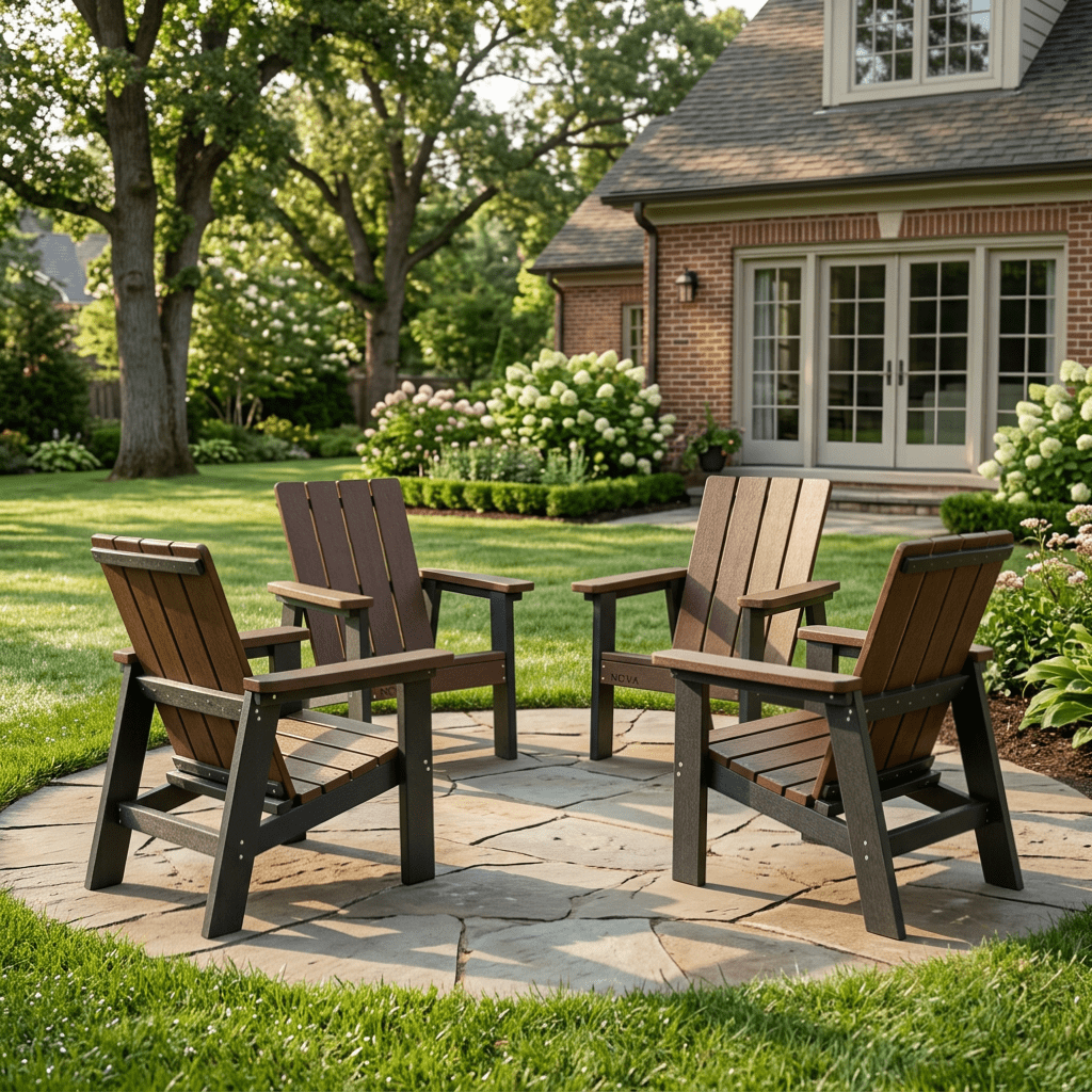 NOVA Adirondack Chairs sitting on a stone patio in behind a brick house.