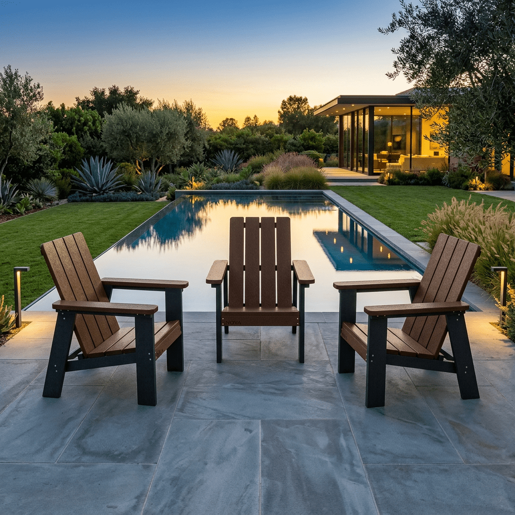 NOVA Adirondack chair buyer's guide 2026. NOVA Adirondack chairs by a pool in a backyard.